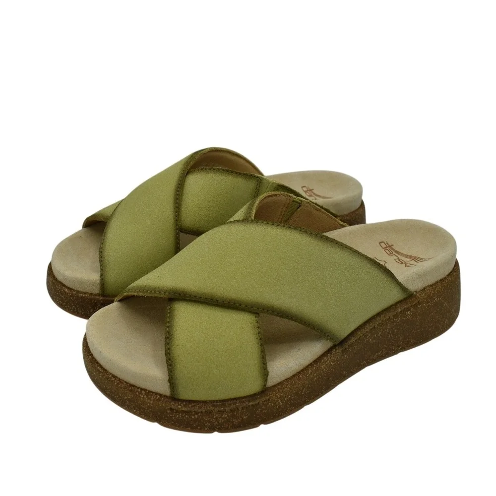 Dansko EU 40 Bridget Burnished Suede Lime Chunky Slides Sandals Shoes Coquette
